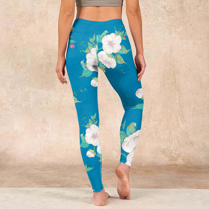 Blue White Flowers Leaves Print Sports Leggings Women's Yoga Pants