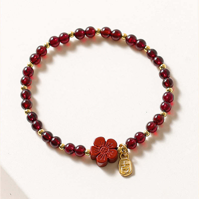14K Gold Natural Garnet Cinnabar Flower Calm Bracelet