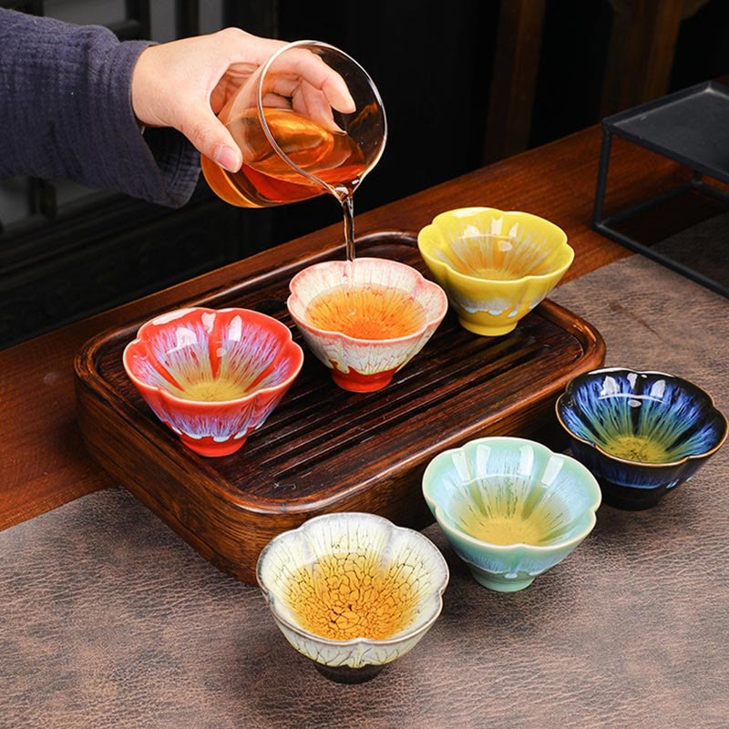 6Pcs Plum Blossom Petal Pattern Chinese Jianzhan Kiln Change Ceramic Teacup Kung Fu Tea Cup Bowl With Gift Box