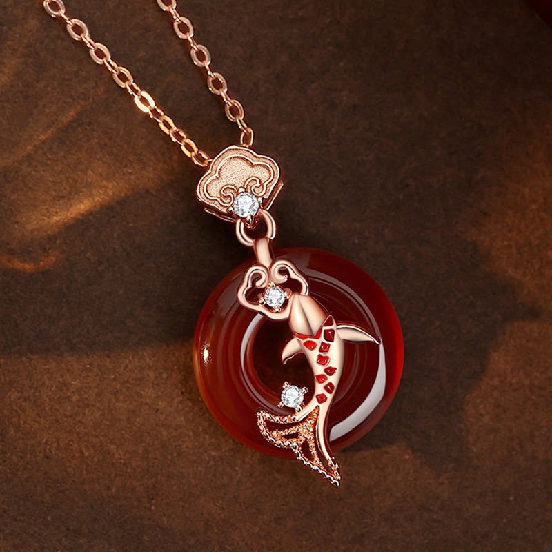 Red Agate 925 Sterling Silver Ruyi Lock Koi Fish Peace Buckle Calm Necklace Pendant