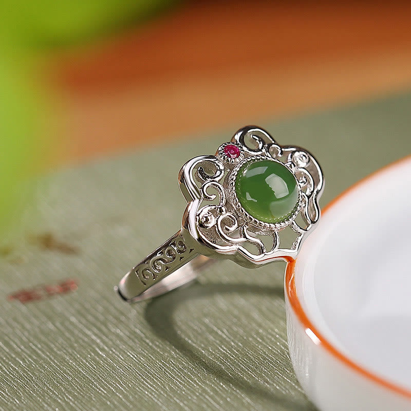 925 Sterling Silver Natural Hetian Cyan Jade Hollow Design Luck Ring Earrings Set