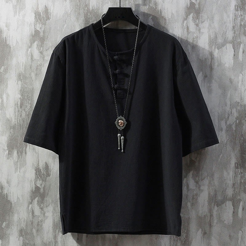 Frog-Button Plain Color Chinese Tang Suit Half Sleeve Shirt Linen Men Clothing
