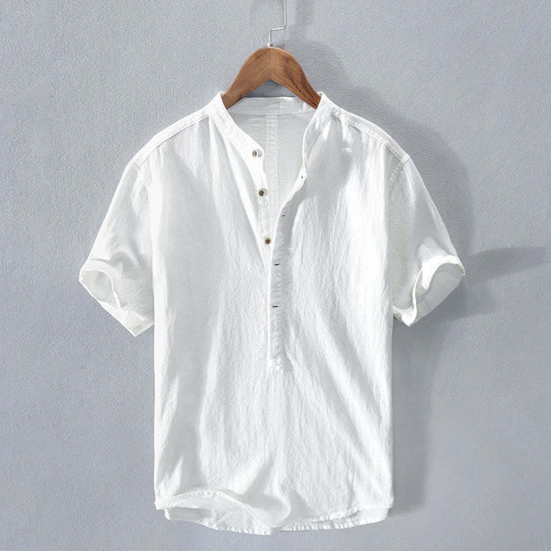 Solid Color Short Sleeve Half Button Shirt Cotton Linen Men Clothing