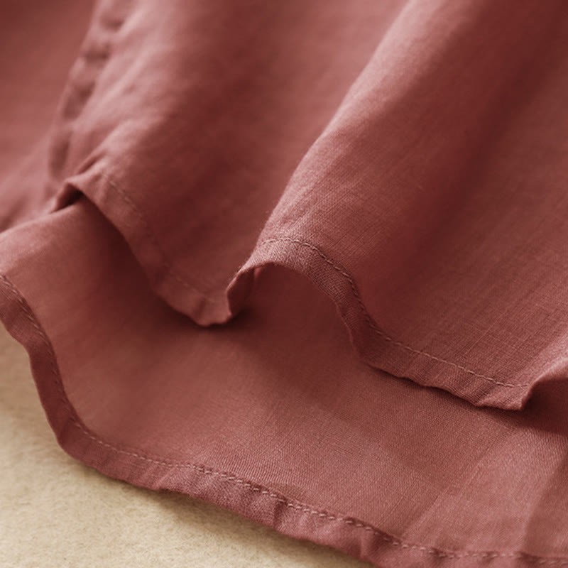 Plain Frog-Button Embroidery Vine Long Sleeve Slanted Collar Cotton Linen Women's Shirt