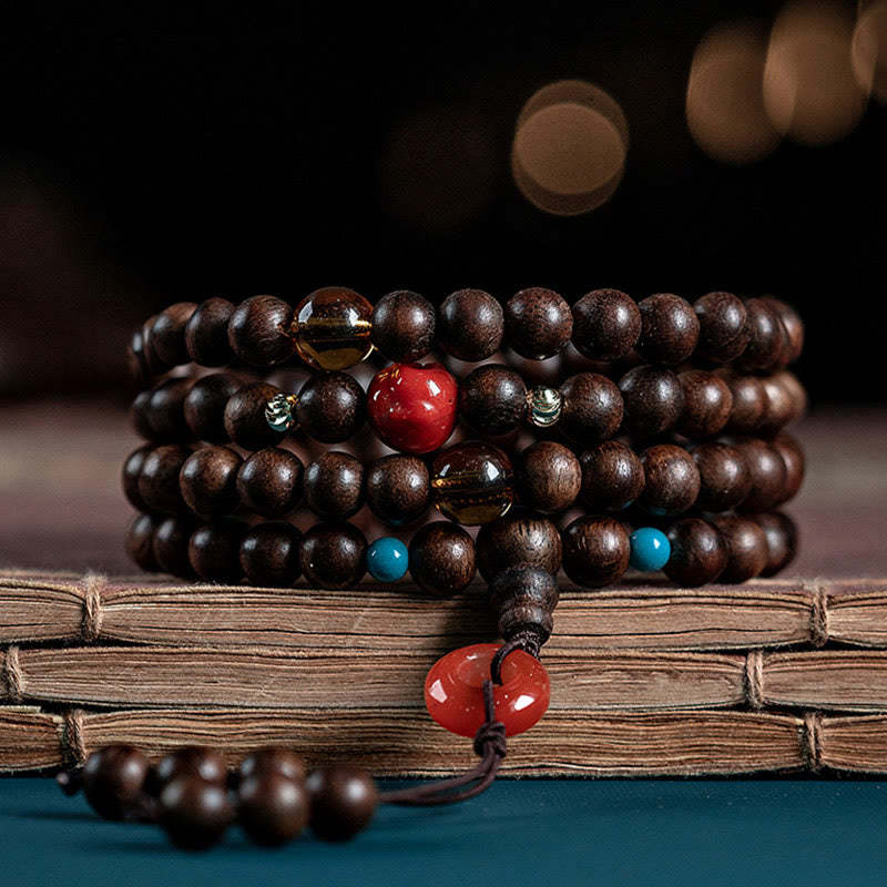 108 Mala Beads Kalimantan Agarwood Laughing mystic zen Peace Buckle Red Agate Jade Strength Bracelet