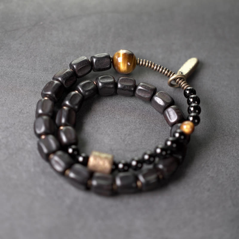 Ebony Wood Copper Brass Tiger Eye Peace Double Wrap Bracelet