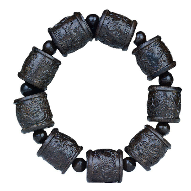 Ebony Wood Eighteen Arhats Lotus Dragon Engraved Balance Bracelet