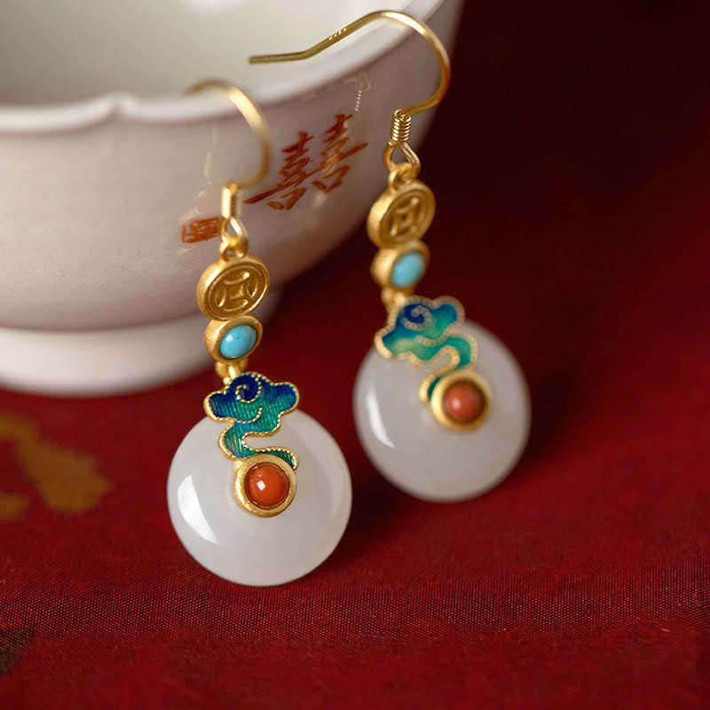 Jade Copper Coins Auspicious Clouds Prosperity Necklace Pendant Bracelet Ring Earrings
