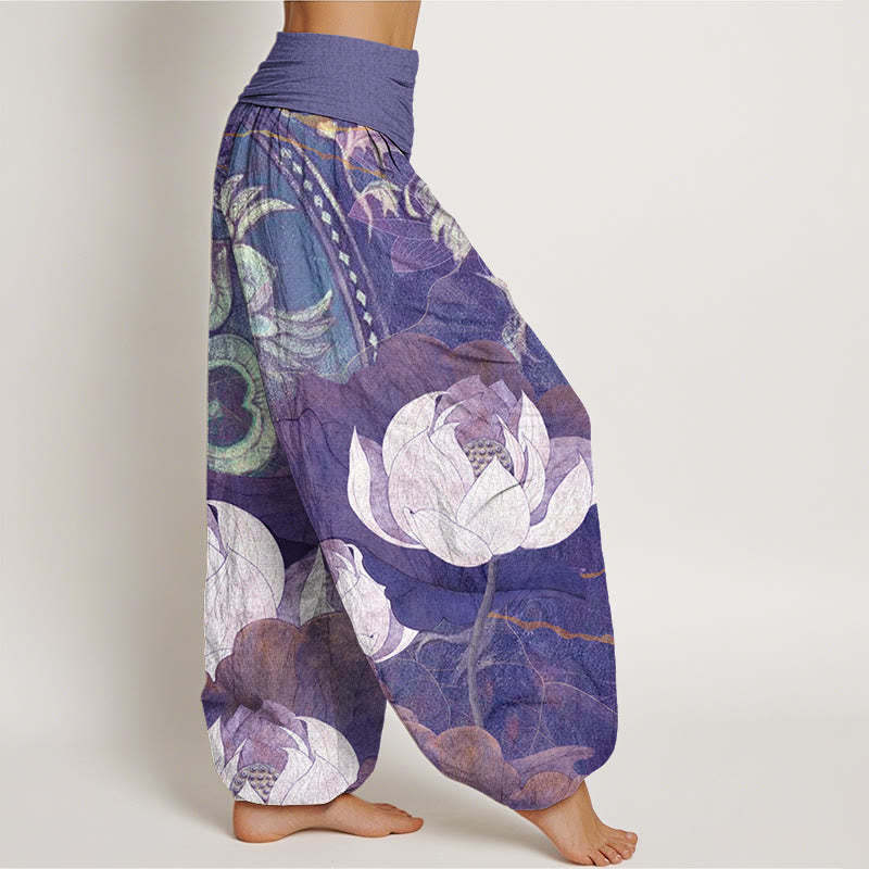 White Lotus Leaves Pattern Casual Women's Elastic Waist Harem Pants
