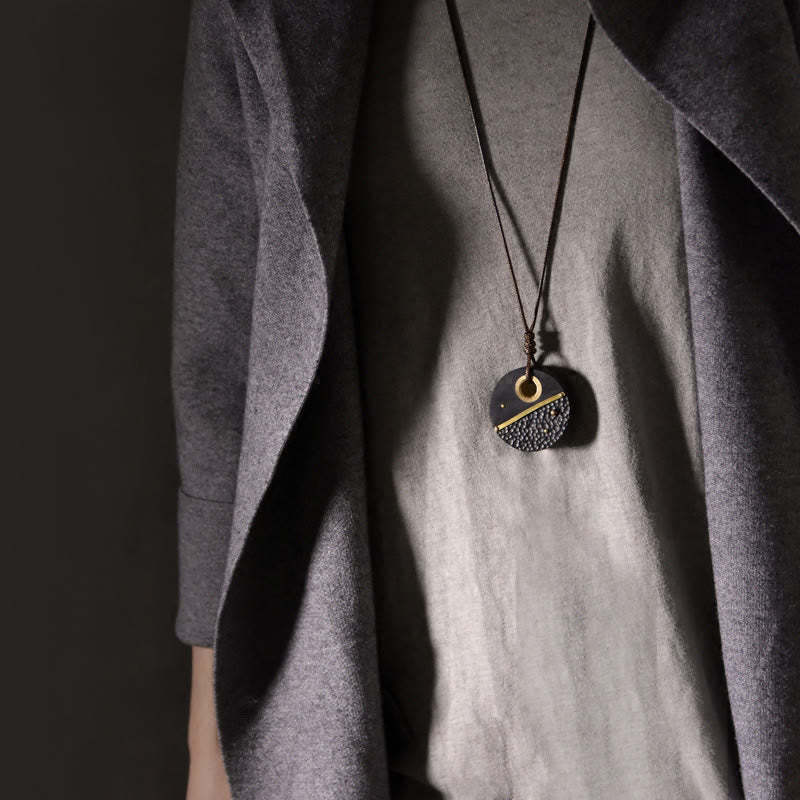 Handcrafted Round Ebony Wood Copper Peace Necklace Pendant