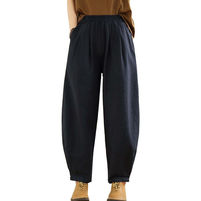 Casual Solid Color Tapered Elastic Waistband Cotton Linen Women's Pants With Pockets