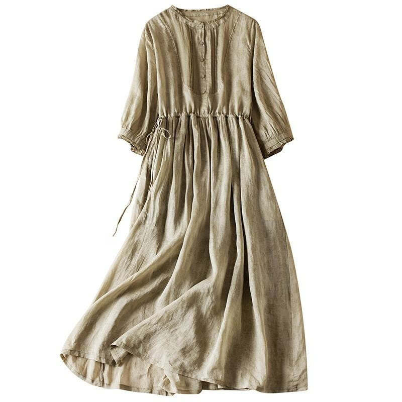 Casual Drawstring Design Short Sleeve Cotton Midi Dress With Pockets