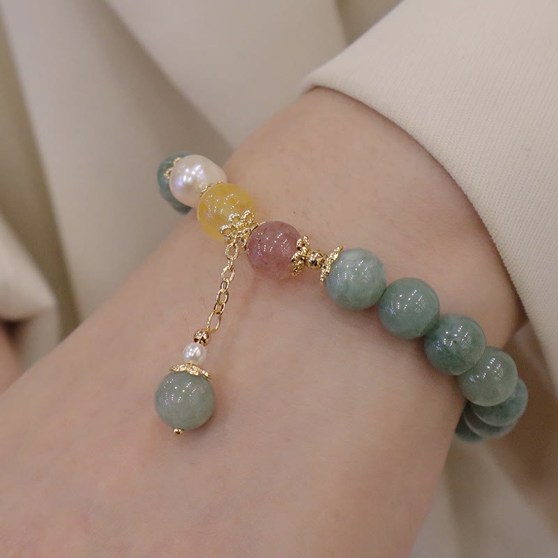 Jade Pearl Strawberry Quartz Abundance Luck Bead Charm Bracelet