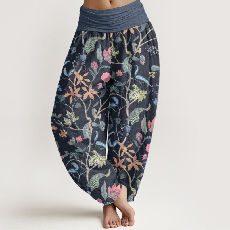 Floral Leaf Vine Design Women's Elastic Waist Harem Pants