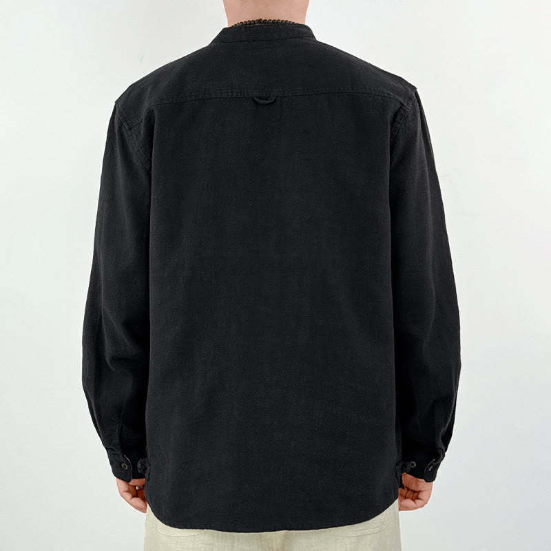 Casual Solid Color Ramie Linen Cotton Men's Shirt With Pockets