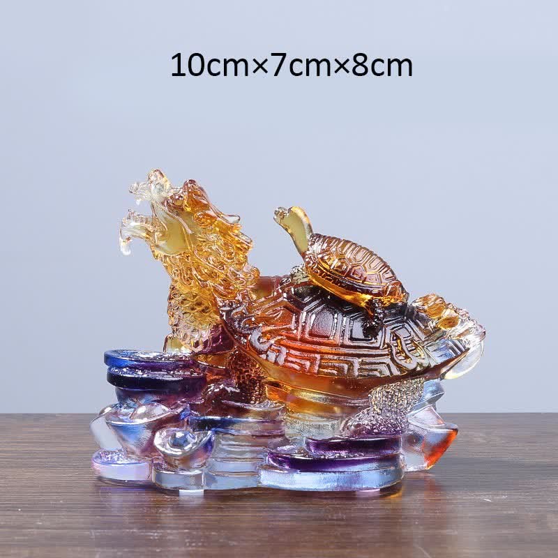 Feng Shui Dragon Turtle Coins Handmade Liuli Crystal Luck Art Piece Home Office Decoration
