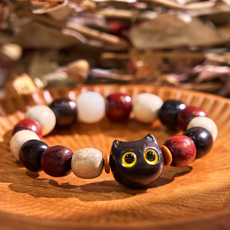Small Leaf Red Sandalwood Ebony Wood Cute Cat Engraved Protection Bracelet