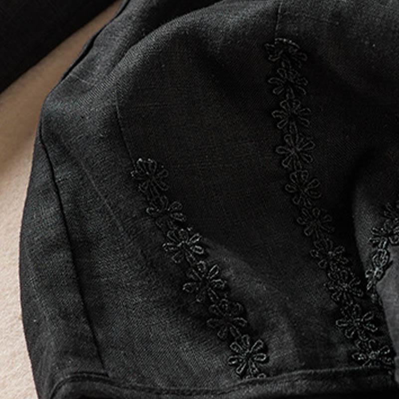 Summer Small Flower Embroidery Cotton Linen Harem Pants With Pockets