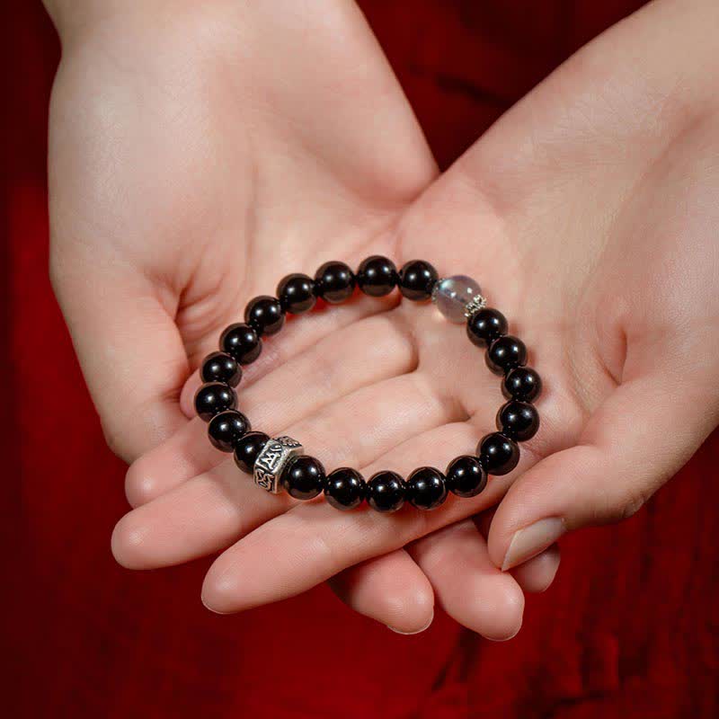Chinese Zodiac Natal mystic zen 925 Sterling Silver Black Obsidian Moonstone Strength Bracelet