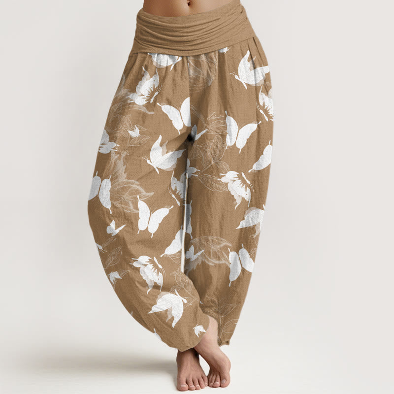 Casual Flying Butterfly Leaf Pattern Women's Elastic Waist Harem Pants
