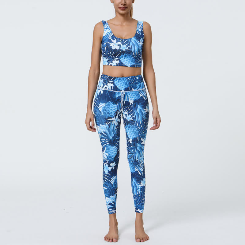2Pcs Pineapple Grass Leaves Print Sports Fitness Crop Tank Bra High Waist Leggings Yoga Pants