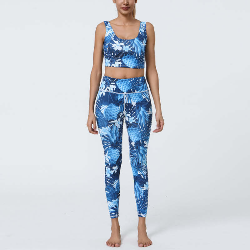 2Pcs Pineapple Grass Leaves Print Sports Fitness Crop Tank Bra High Waist Leggings Yoga Pants