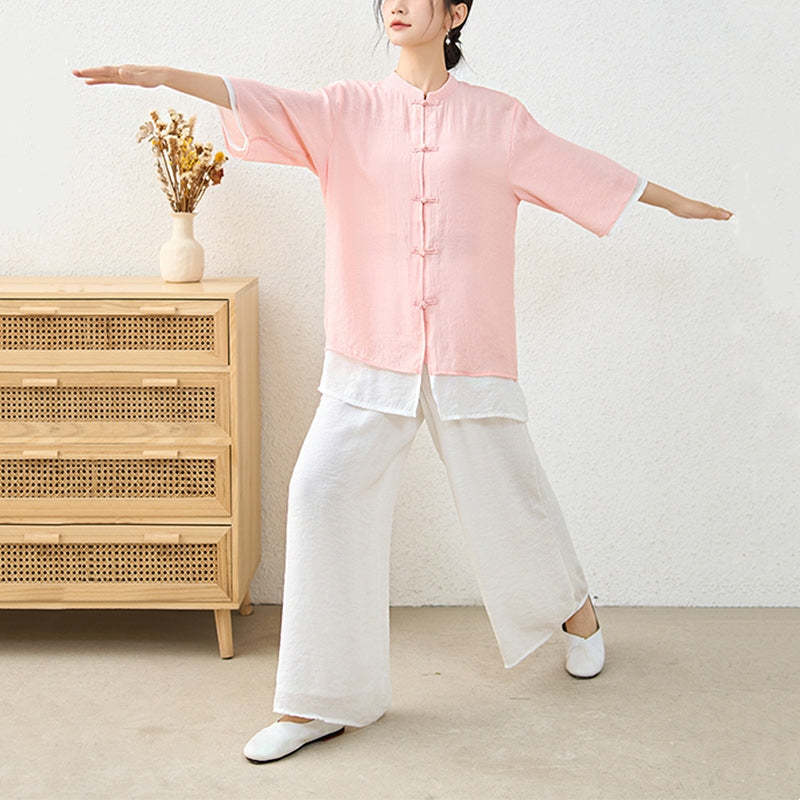 2Pcs Simple Chinese Frog Button Design Top Pants Meditation Yoga Zen Tai Chi Cotton Clothing Women's Set