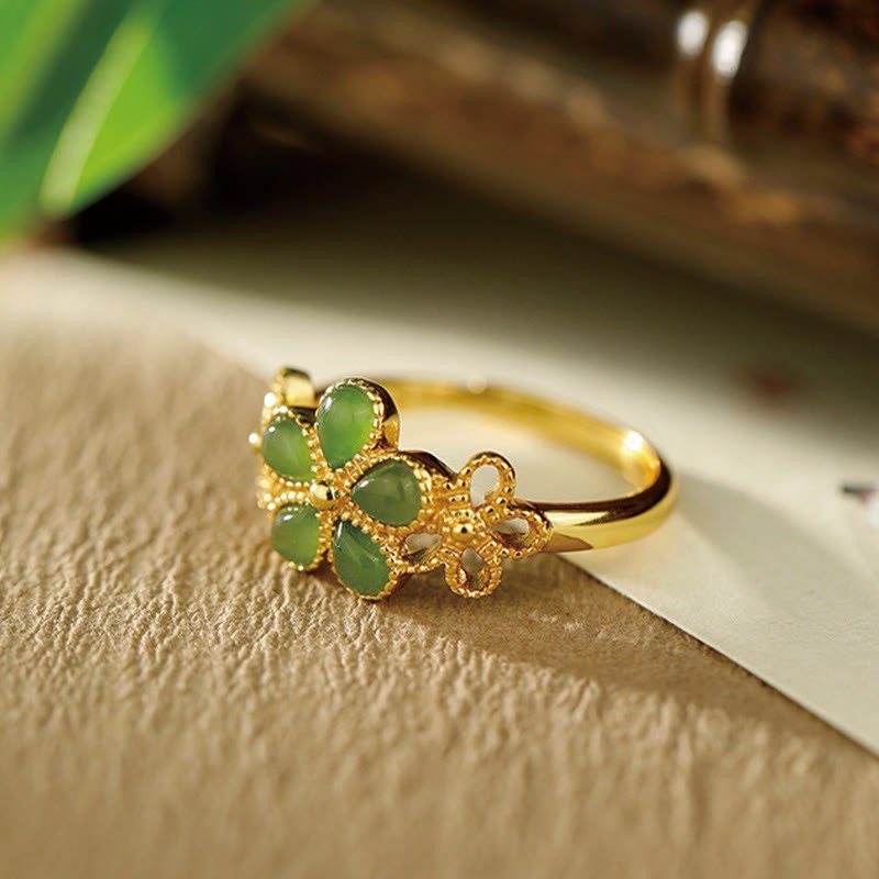 Natural Hetian Jade 925 Sterling Silver Plated Gold Flower Adjustable Prosperity Ring