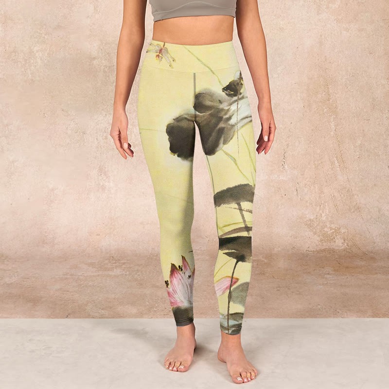 Pink Blooming And Unbloomed Lotus Print Gym Leggings Women's Yoga Pants