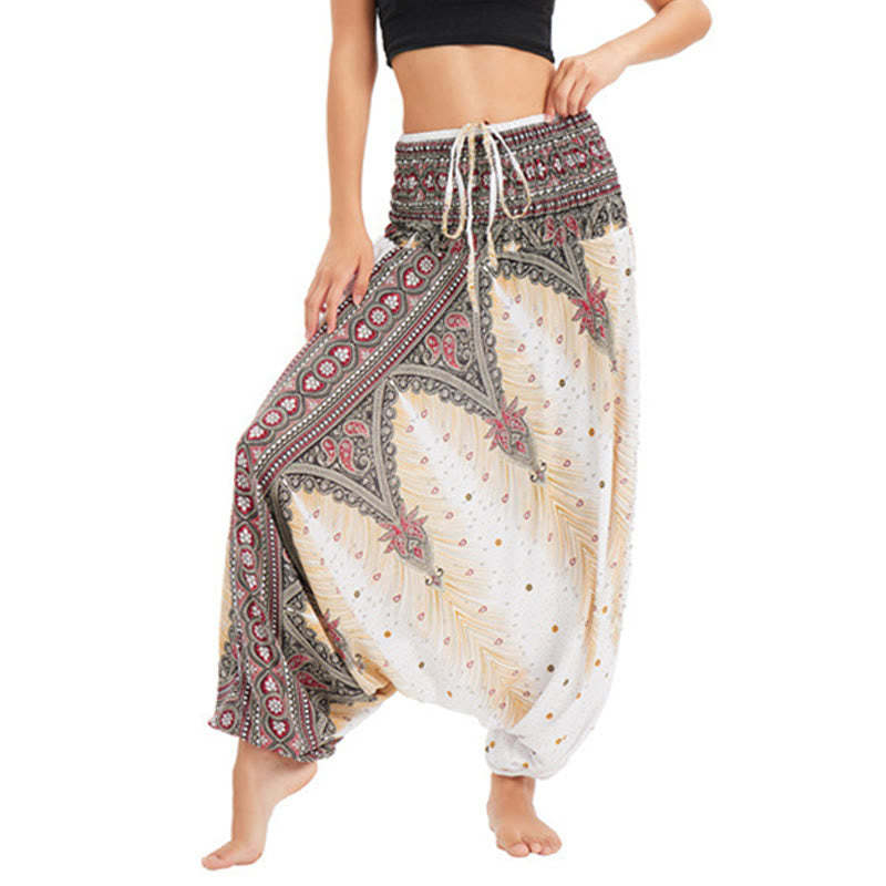 Two Style Wear Peacock Feather Loose Smocked Harem Trousers Jumpsuit High Waist Pants