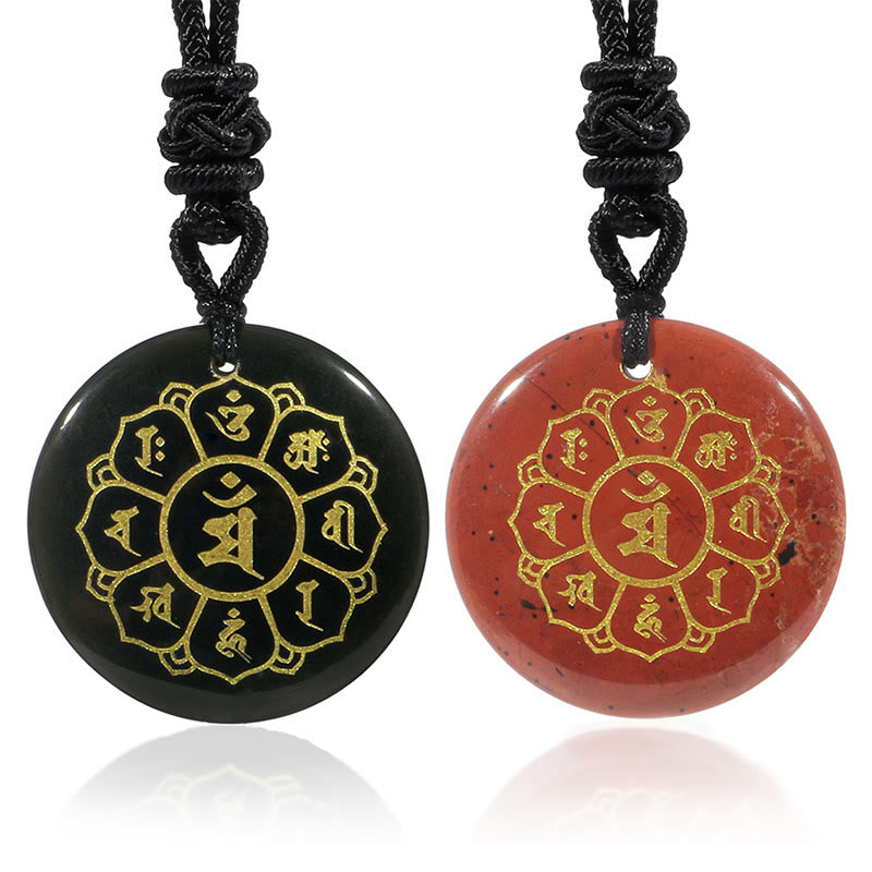 Om Mani Padme Hum Natural Various Crystal Black Obsidian Strength Necklace Pendant