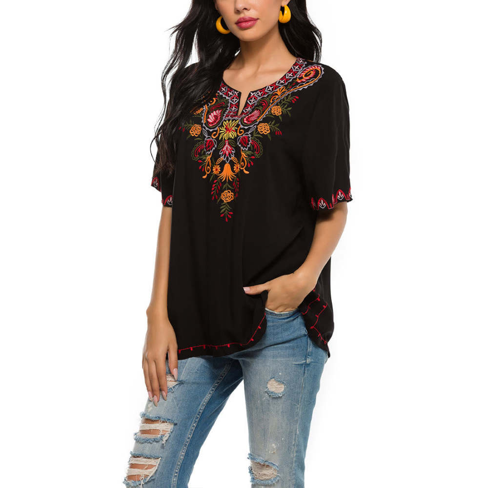 Black Casual Embroidery Flower Design Half Sleeve Notched Cotton Women's T-Shirt