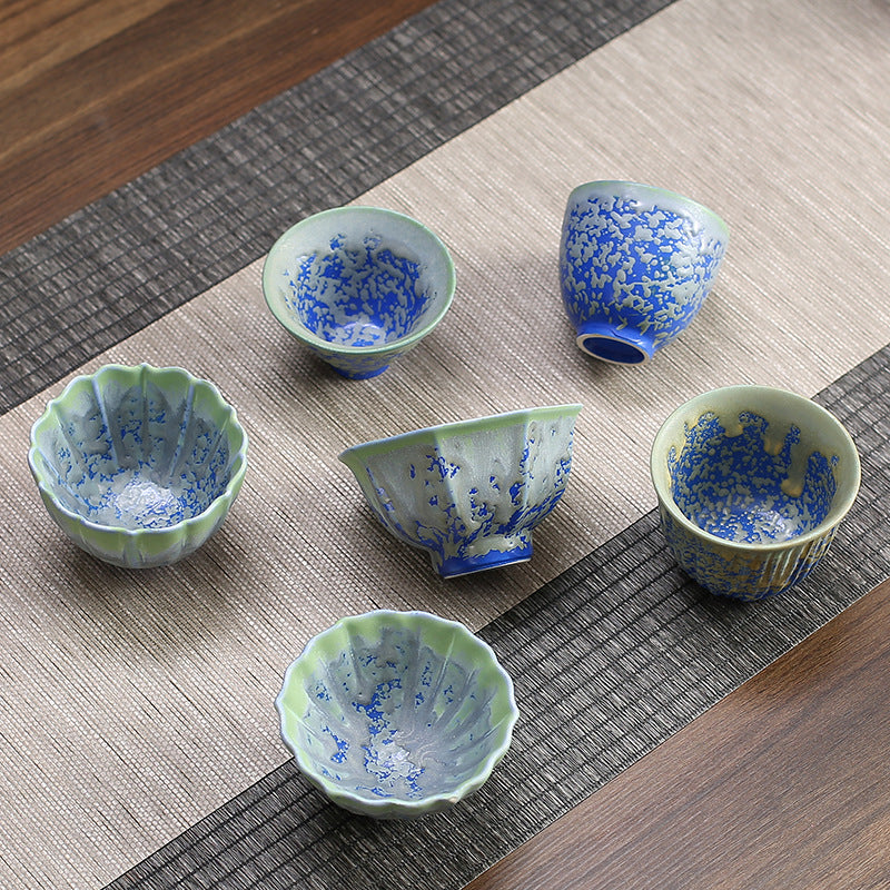 Retro Blue Red Gradient Lotus Pattern Kiln Change Ceramic Teacup Kung Fu Tea Cup Bowl