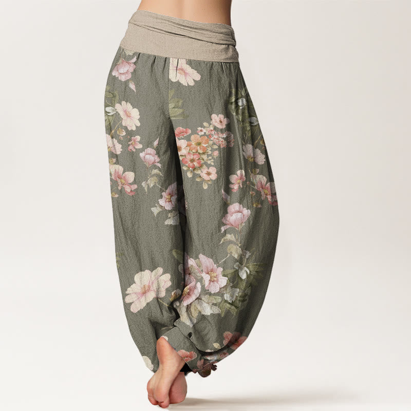 Pink Pale Orange Flowers Design Women's Elastic Waist Harem Pants