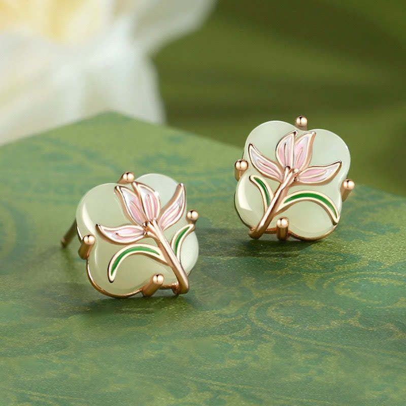 Hetian Jade Magnolia Chalcedony 925 Sterling Silver Butterfly Gourd Luck Earrings