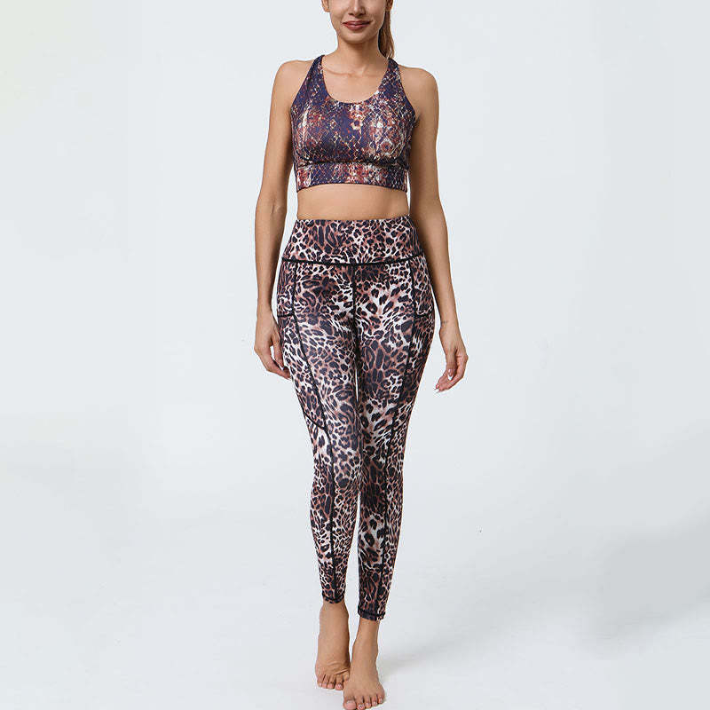 Rose Lines Tiger Leopard Print Sports Fitness High Waist Leggings Women's Yoga Pants With Pockets