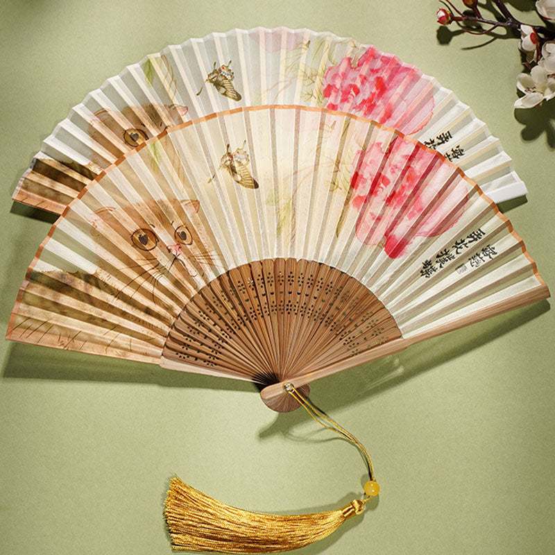 Cute Cat Butterfly Flowers Pattern Handheld Silk Bamboo Folding Fan 21cm