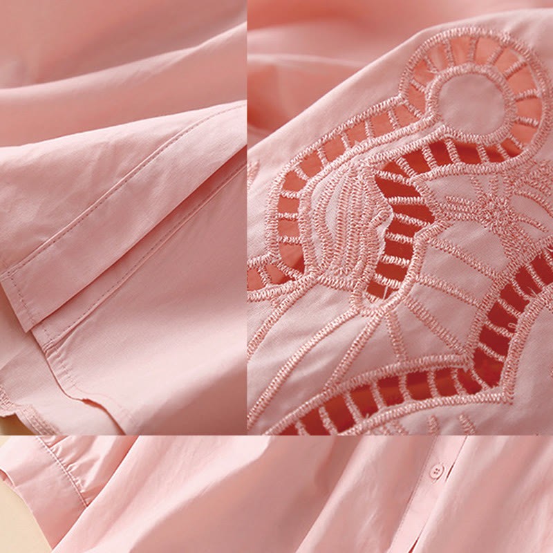 Casual Embroidery Flower Hole Design Three Quarter Sleeve Cotton Linen Women's Shirt