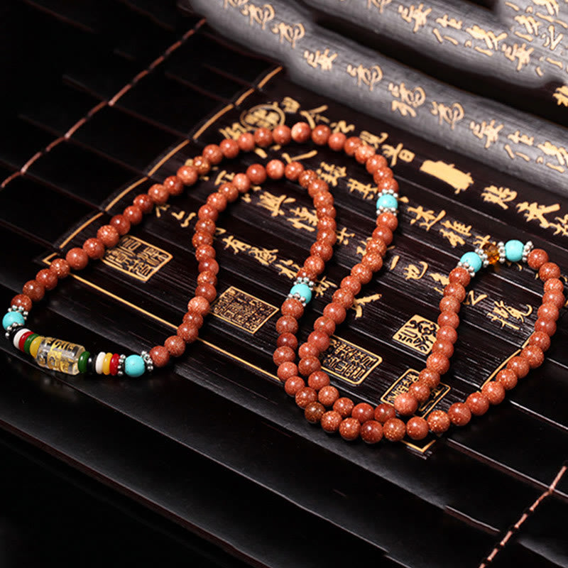 108 Mala Beads Goldstone Om Mani Padme Hum Swastika Confidence Bracelet