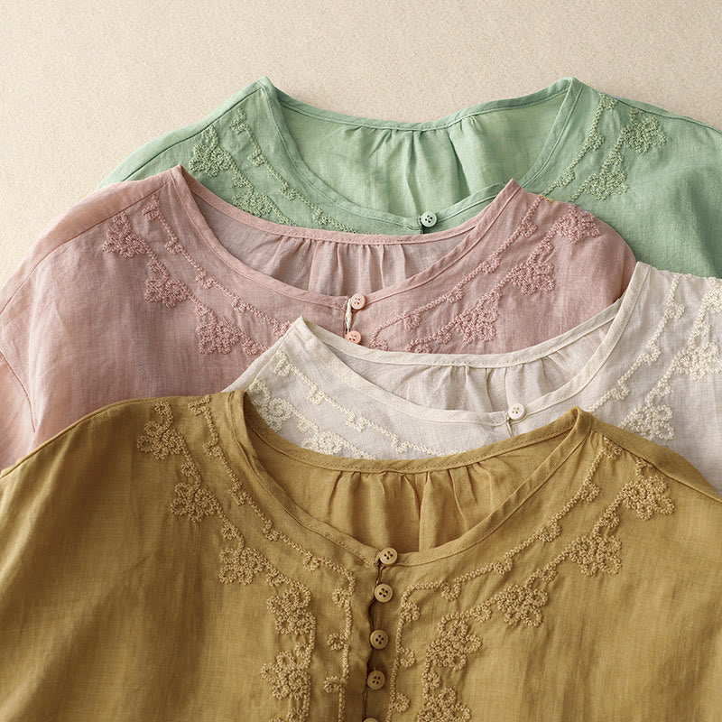 Casual Women's Plain Frog Buckle Design Half Sleeve Cotton Linen Shirt