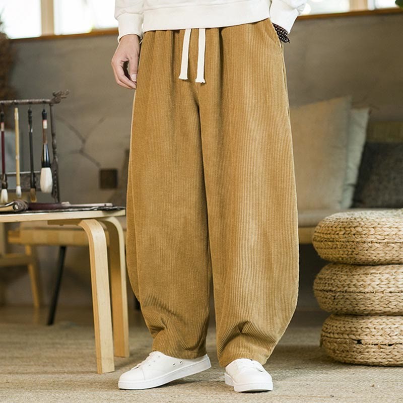 Fall Winter Men's Drawstring Corduroy Harem Pants With Pockets