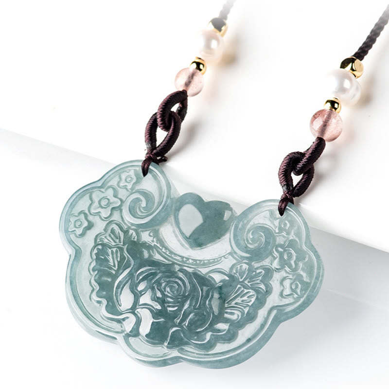 Natural Jade Peony Flower Lock of Good Wishes Prosperity Necklace Pendant