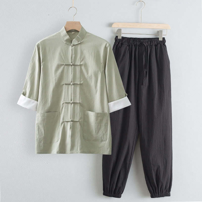 Tang Frog-Button Three Quarter Sleeve Shirt Pants Men's Suit