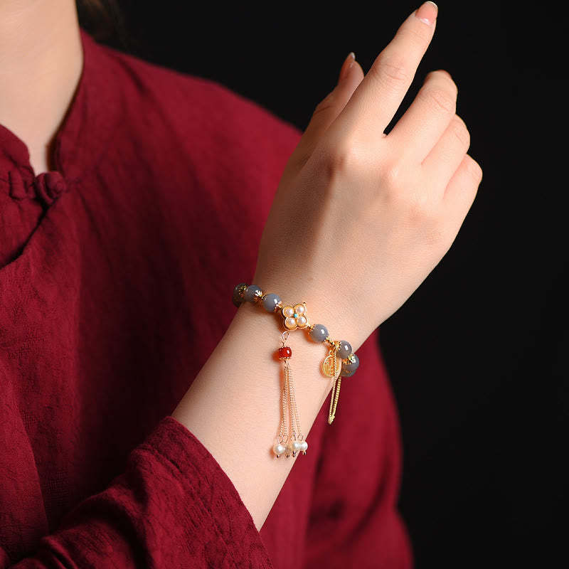 Natural Gray Agate Fu Character Pearl Tassel Balance Bracelet