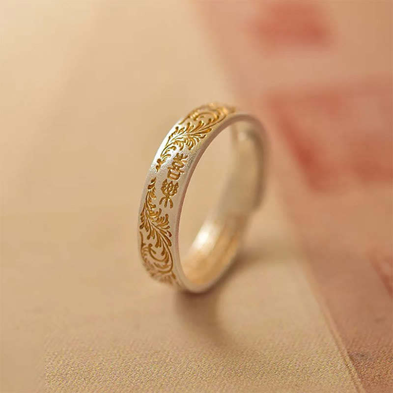 mystic zen Stone 999 Sterling Silver Gold-Painted Joyful Flower Pattern Peaceful Heart Sutra Ring