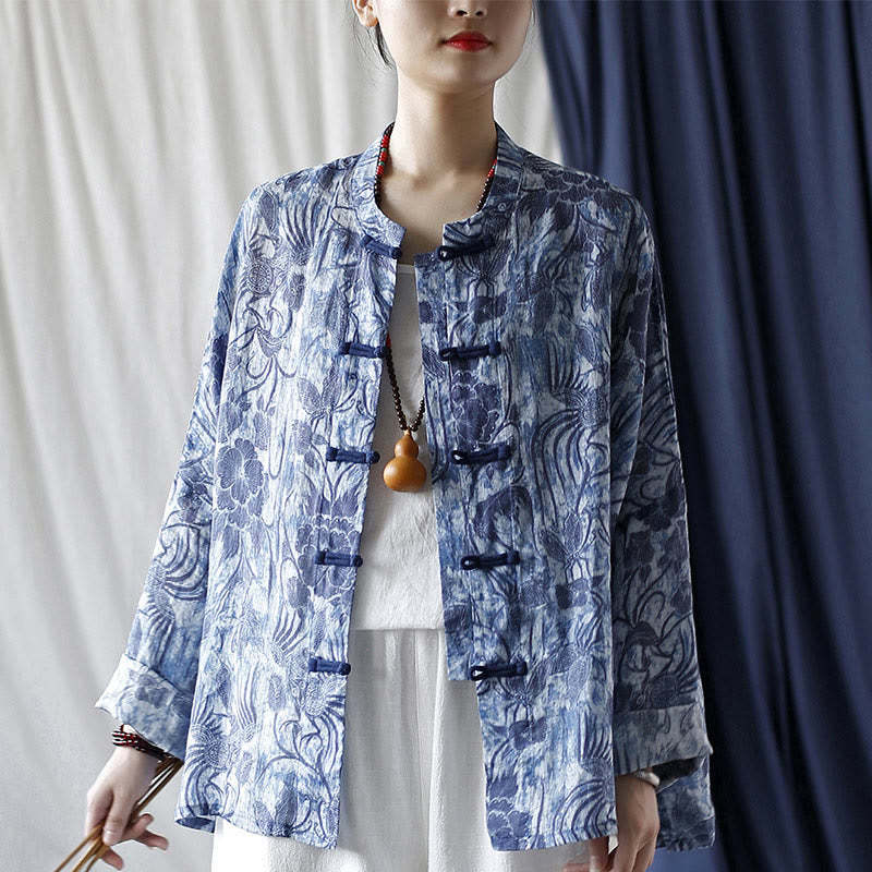 Retro Blue White Flowers Frog-Button Design Long Sleeve Ramie Linen Jacket Shirt