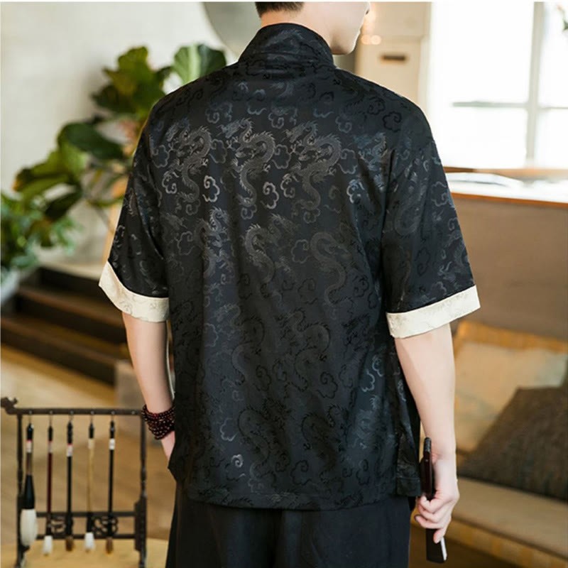 Chinese Tang Suit Frog-button Dragon Print Men's Half Sleeve Shirts