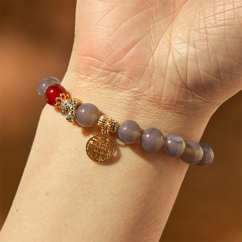 Year Of The Snake Gray Agate Red Agate Fu Character Positivity Bracelet