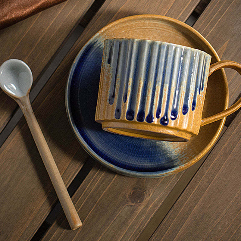 Retro Striped Kiln Change Ceramic Coffee Mug Rough Pottery Tea Coffee Cup With Saucer 250ml