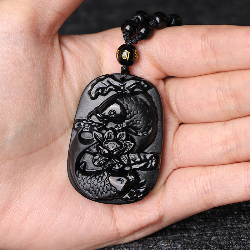 Natural Black Obsidian Koi Fish Lotus Strength Beaded Necklace Pendant